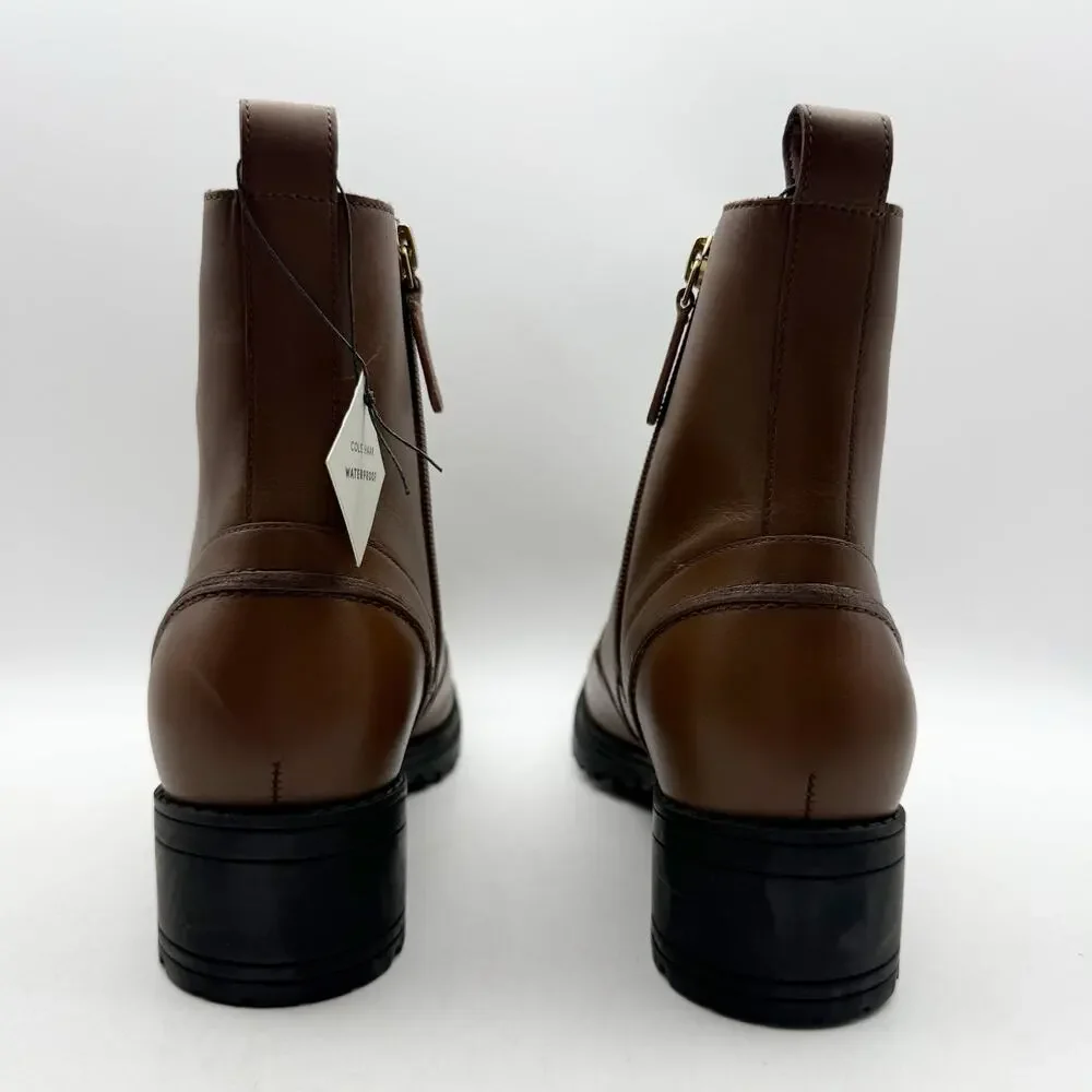 Cole Haan Womens Camea Combat Boots US 7 Brown Leather Zip Side Waterproof NWOB - Picture 9 of 12